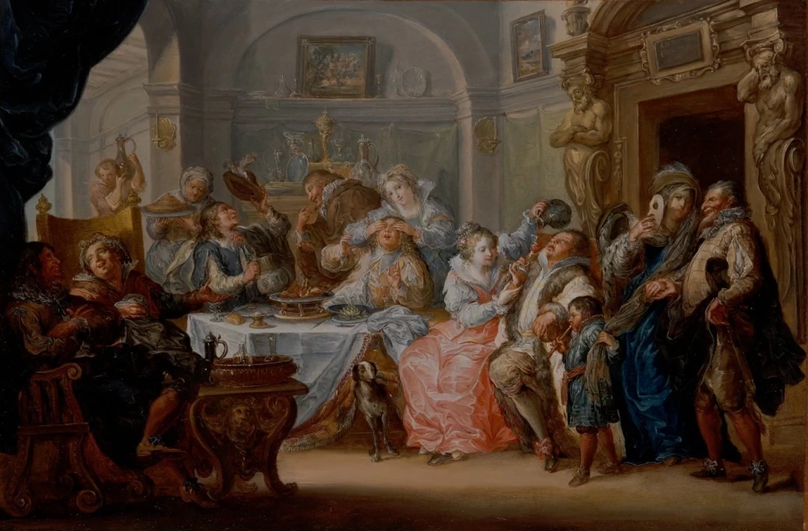 Interno con figure eleganti in costume da mascherata che festeggiano